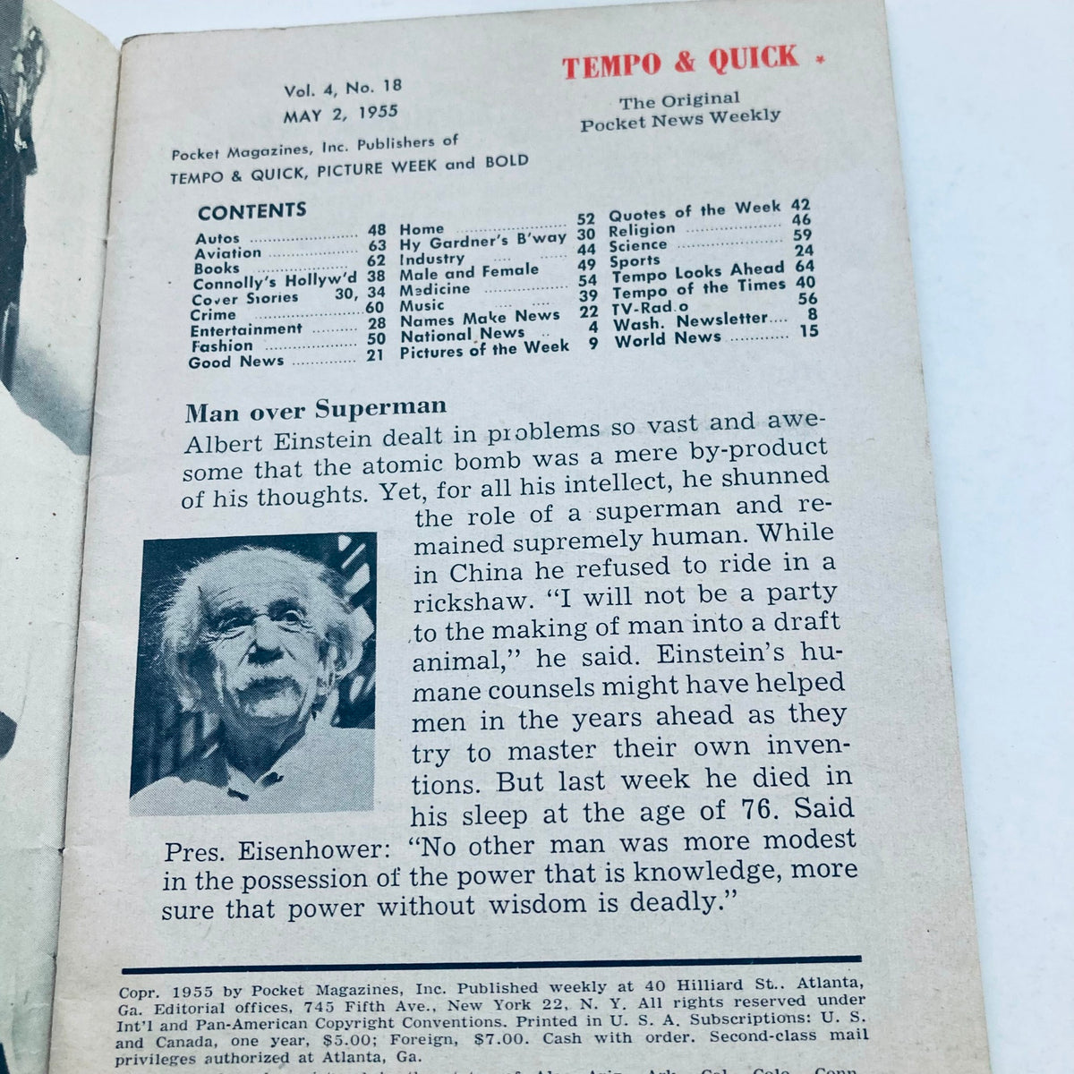Inside page of VTG Tempo & Quick Magazine May 2 1955 Vol 4 No. 18 featuring Albert Einstein article titled 'Man Over Superman' with a photo of Einstein.