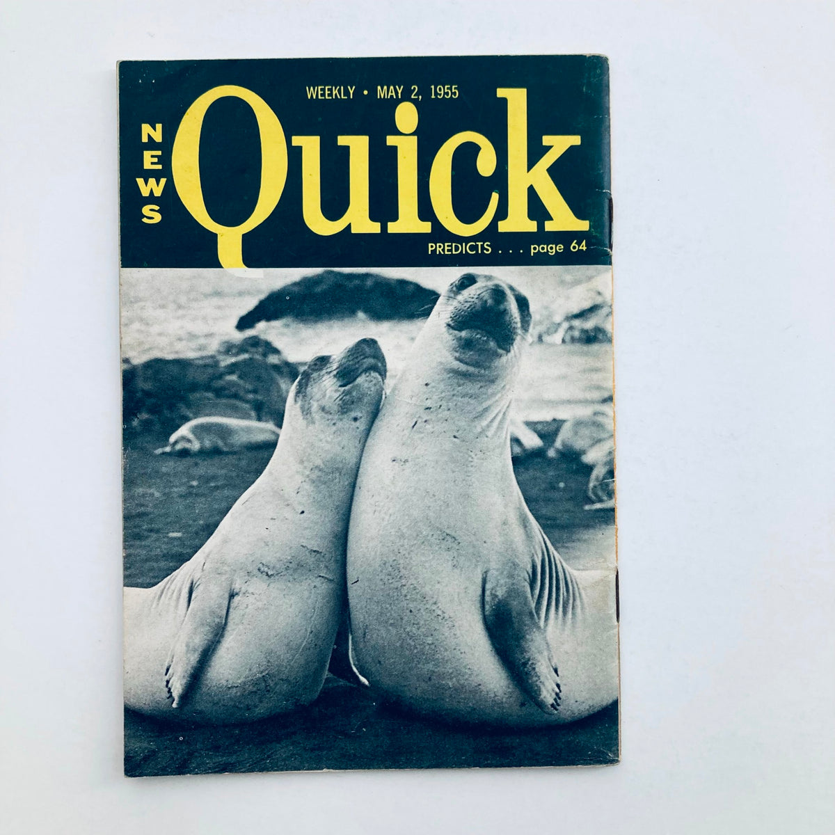Cover of VTG Tempo & Quick Magazine May 2 1955 Vol 4 No. 18 showcasing two seals with the bold title 'News Quick'.
