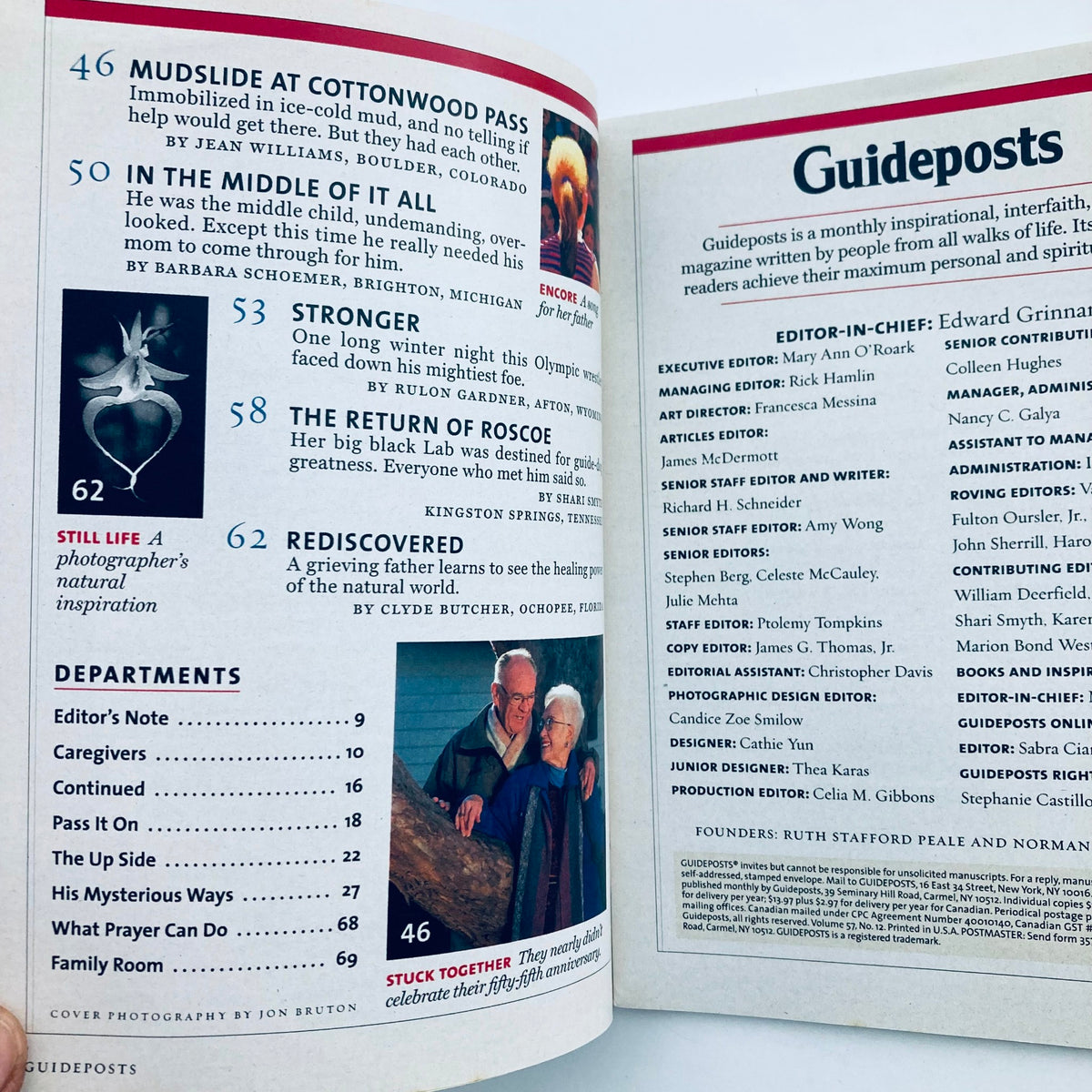 Another page from Guideposts Magazine February 2003, Vol 57 No 12 highlighting features like 'Kiss of Faith' and 'Stronger' with contributions from various writers.