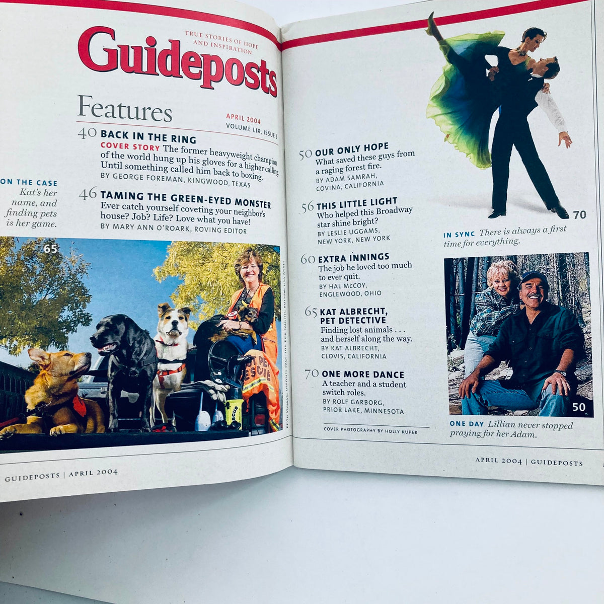 Inside spread of Guideposts Magazine April 2004 Vol 59 No. 2 showcasing features on personal stories and lifestyle topics.