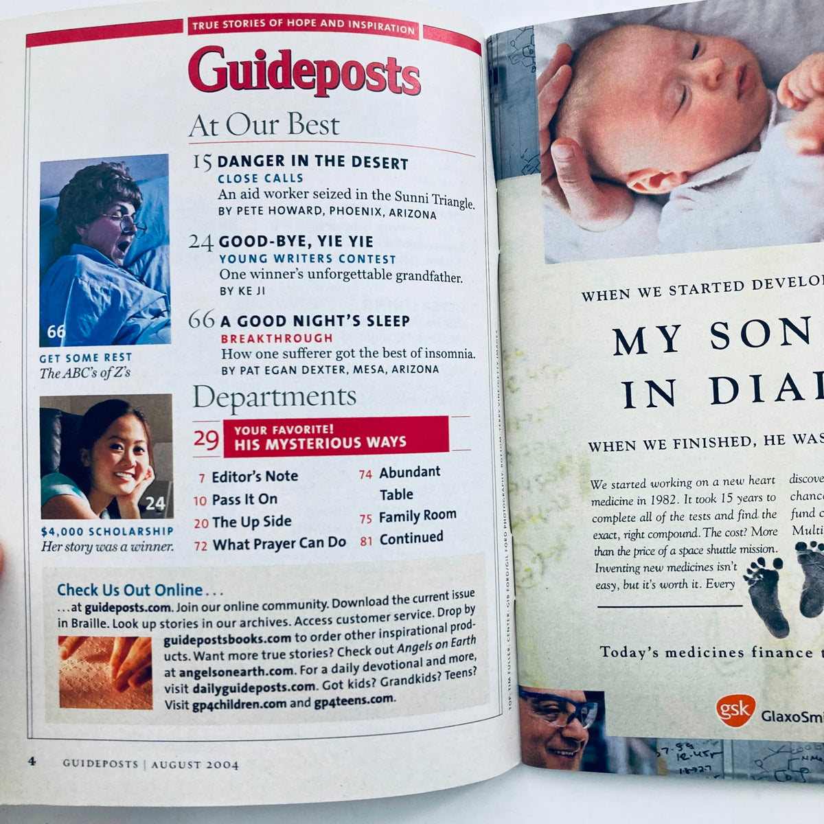 Additional inside pages of Guideposts Magazine August 2004 highlighting topics like scholarships and features on personal stories, accompanied by engaging illustrations.