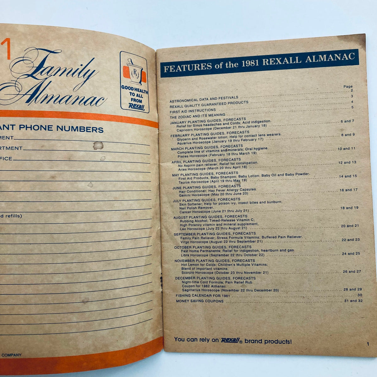Inside view of the VTG Rexall Family Almanac 1981 featuring layout of astronomical data and festivals.