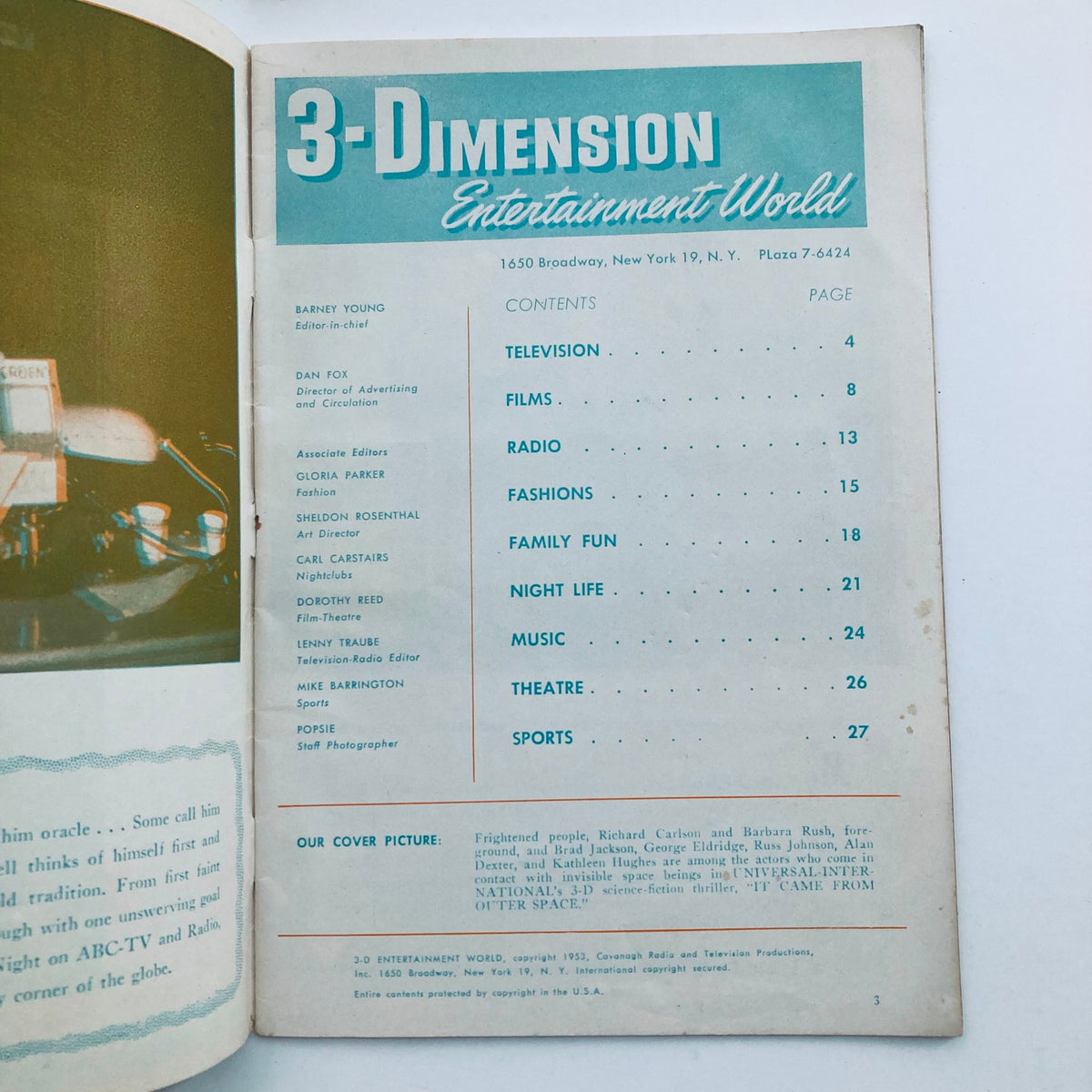 Inside page of the VTG 3-Dimension Entertainment World magazine from 1953 displaying the contents list, including sections on television, films, and radio, reflecting popular culture of the era.