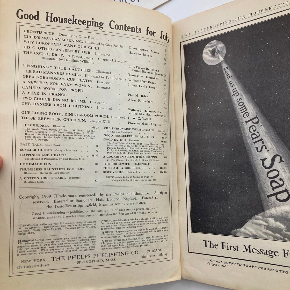 Contents page of VTG Good Housekeeping Magazine July 1909, detailing articles and features related to household management and farm life.