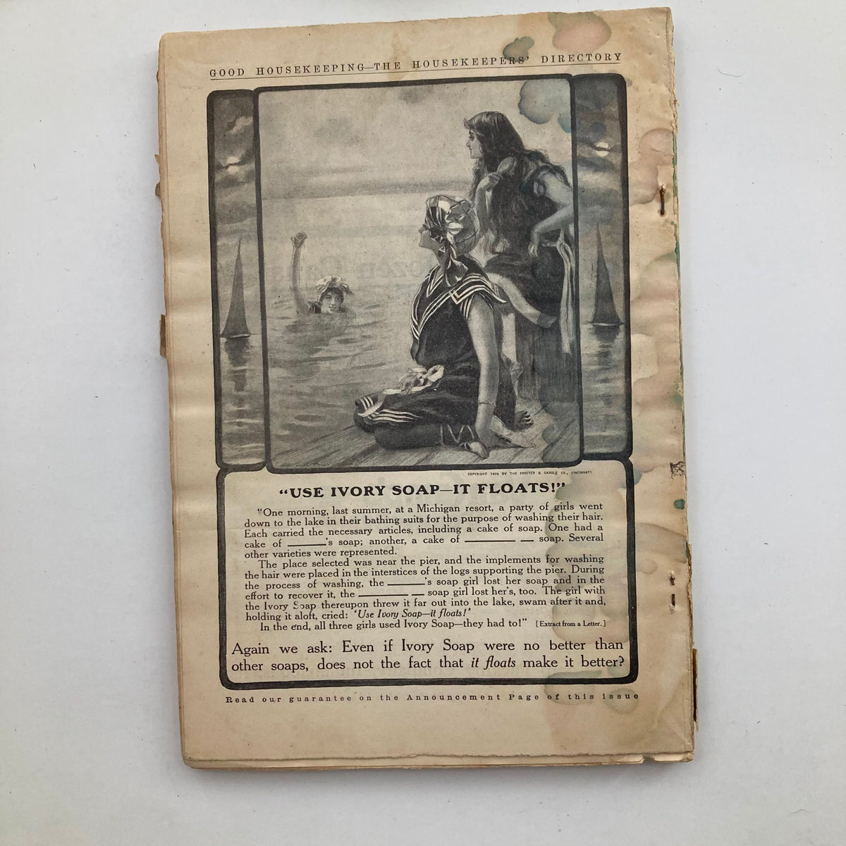 Back cover of VTG Good Housekeeping Magazine July 1909 showcasing an advertisement for Ivory Soap, illustrating vintage marketing techniques.