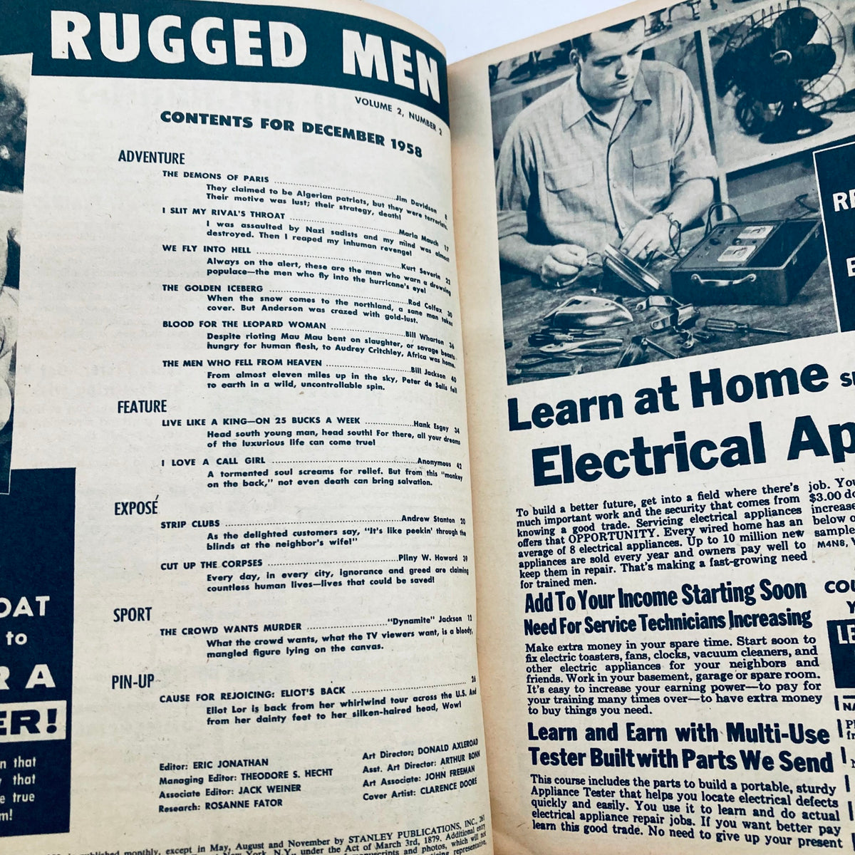Inside page of VTG Rugged Men Magazine December 1958 displaying the table of contents, including titles such as 'The Demon of Pairs' and other captivating stories.
