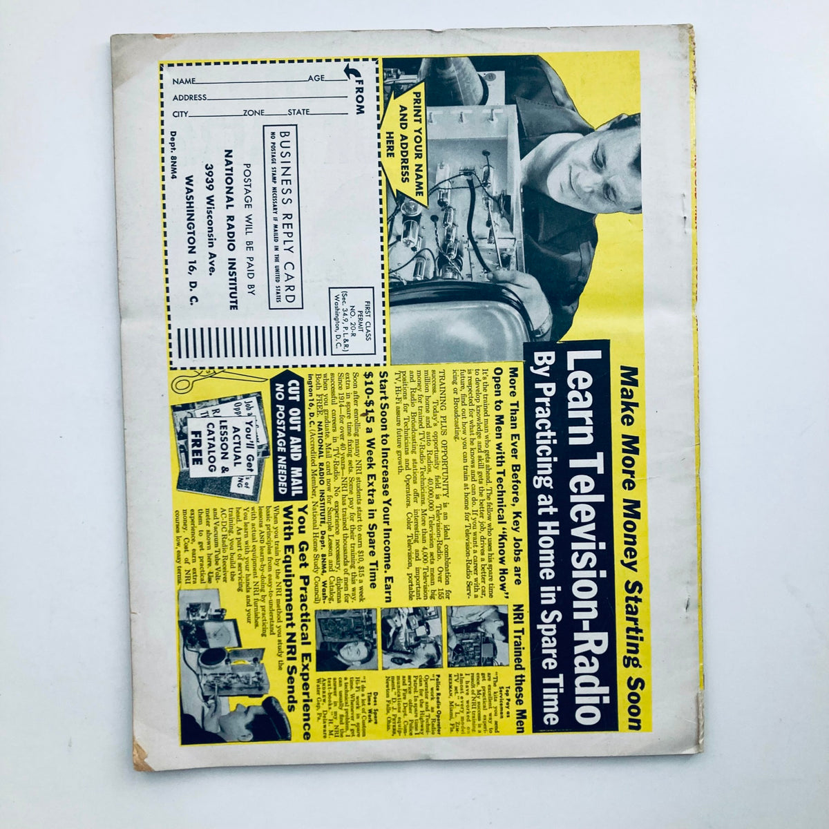 Back cover of VTG Rugged Men Magazine December 1958 featuring advertisements for learning television and radio repair, reflecting 1950s vintage promotional design.