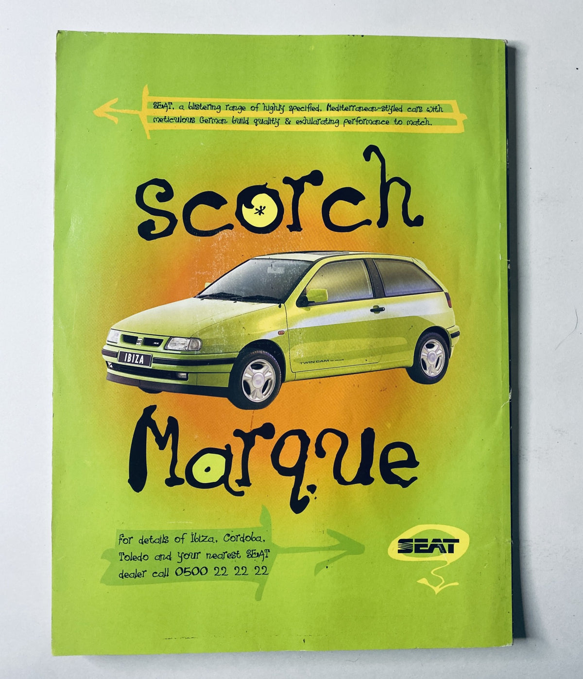 Promotional page for SEAT from Car Magazine, October 1995, showcasing the Scorch Marque model with specifications and dealer contact information.