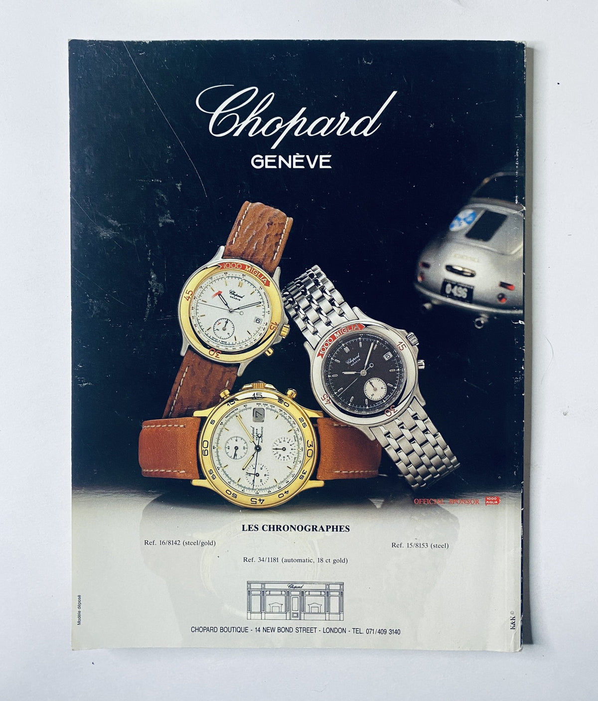Back cover of Car Magazine February 1993 displaying a stylish assortment of Chopard watches, focusing on luxury timepieces, underlining the magazine's high-end automotive theme.