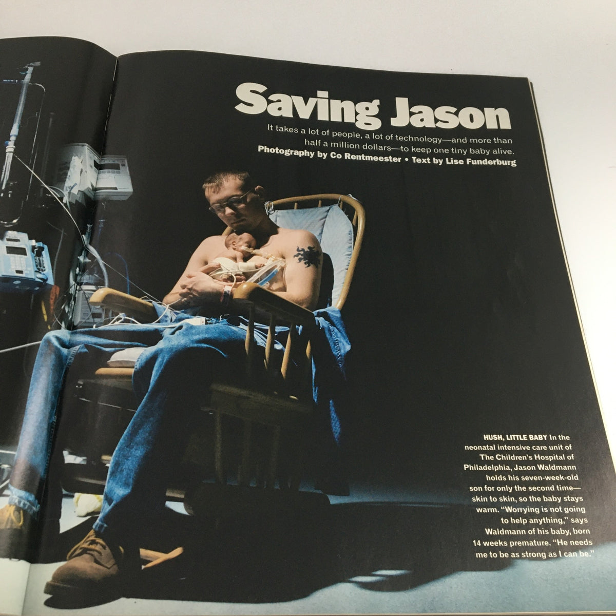 Inside spread of Life Magazine May 2000 with an article titled 'Saving Jason,' detailing the medical care of Jason Michael Waldmann Jr., a premature infant, including a photograph of a caregiver holding him in a chair. Illustrative content from a vintage collectible magazine.