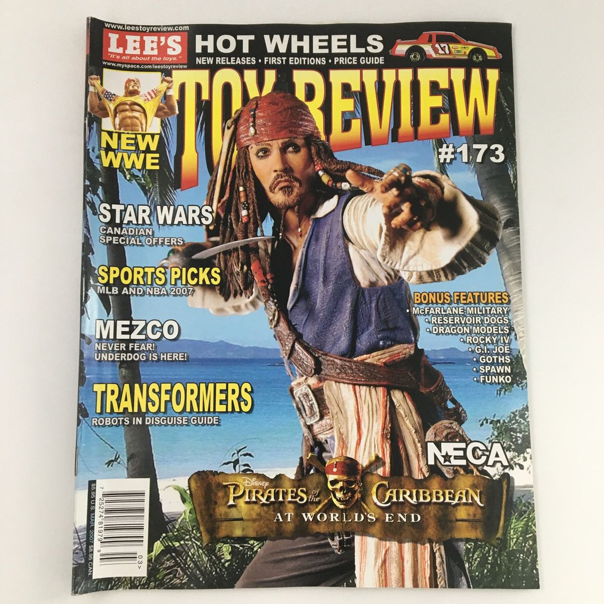 Cover of Lee's Toy Review Magazine March 2007 #173 featuring Jack Sparrow from Pirates of the Caribbean with toy reviews, collectibles, and highlights of popular franchises.
