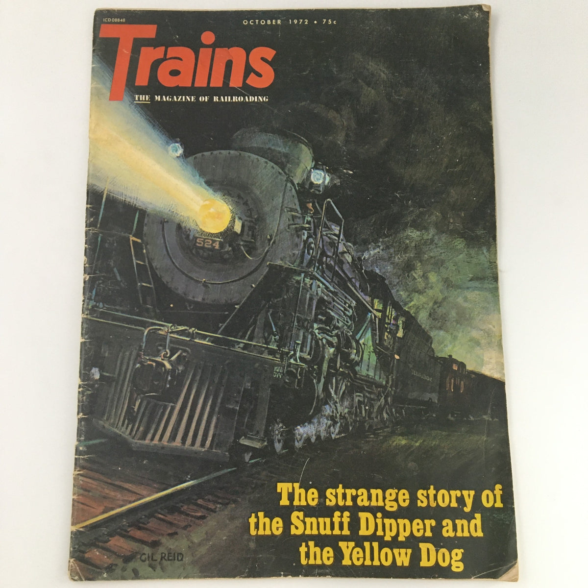 VTG Trains Railroading Magazine October 1972 cover featuring an illustration of a steam locomotive with the title 'The strange story of the Snuff Dipper and the Yellow Dog'.