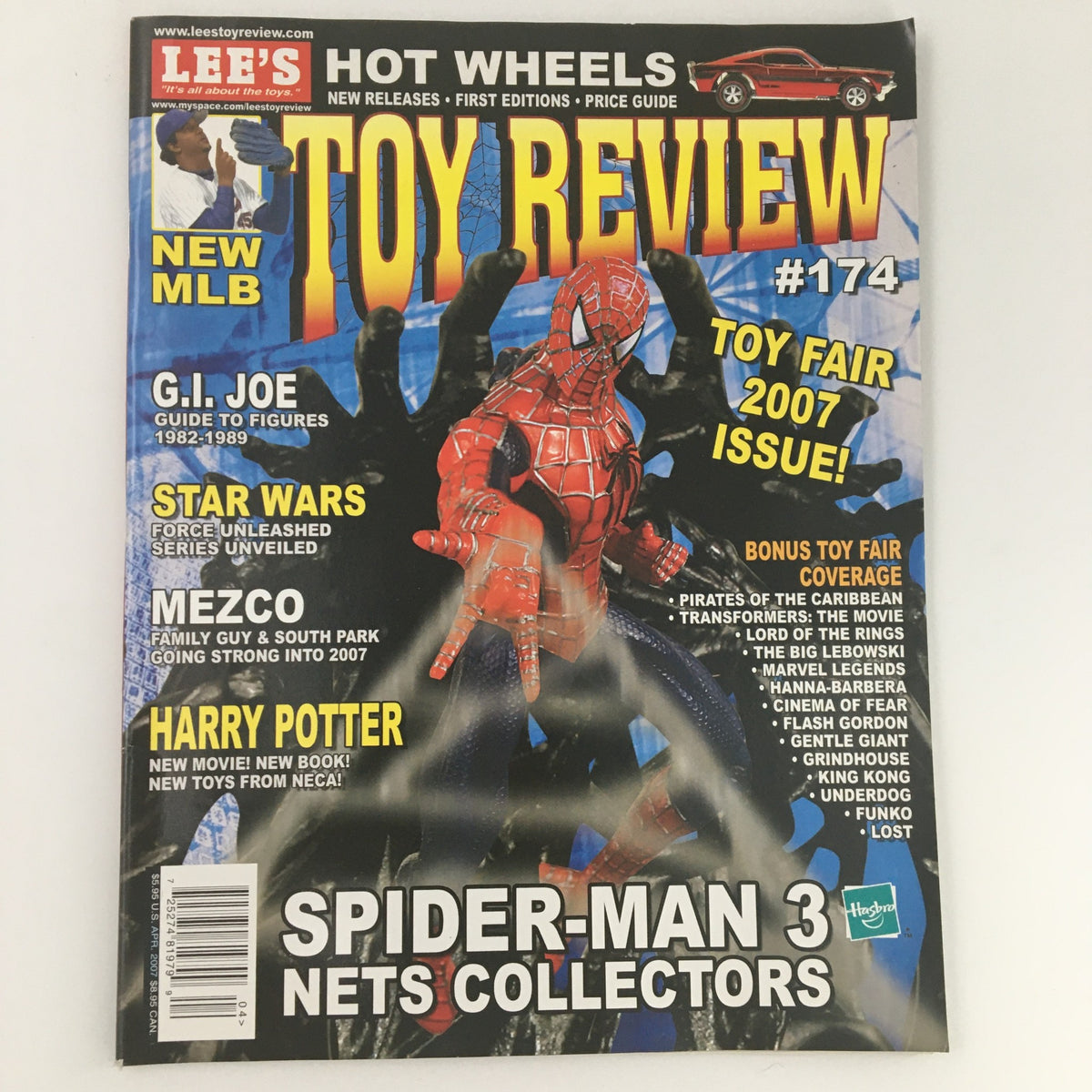 Cover of Lee's Toy Review Magazine April 2007 #174 featuring Spider-Man 3, showcasing collectible toys, movie coverage, and nostalgia from the superhero film era.