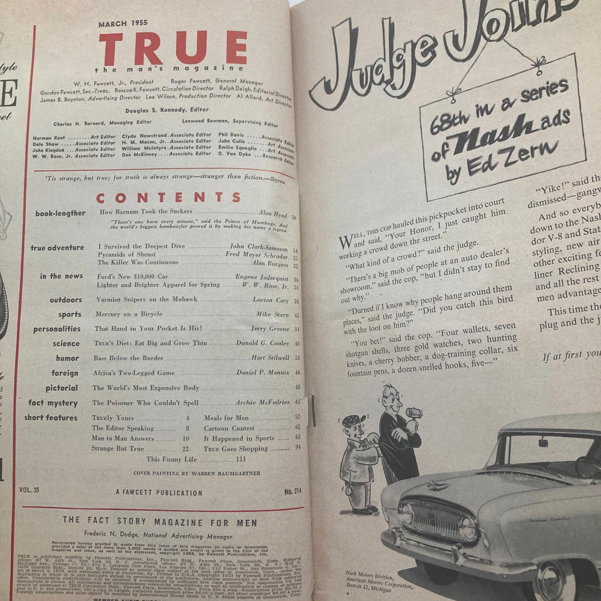 Contents page of TRUE The Man's Magazine March 1955 listing articles including 'I Survived the Deepest Dive' and 'Africa's Two-Legged Game'.