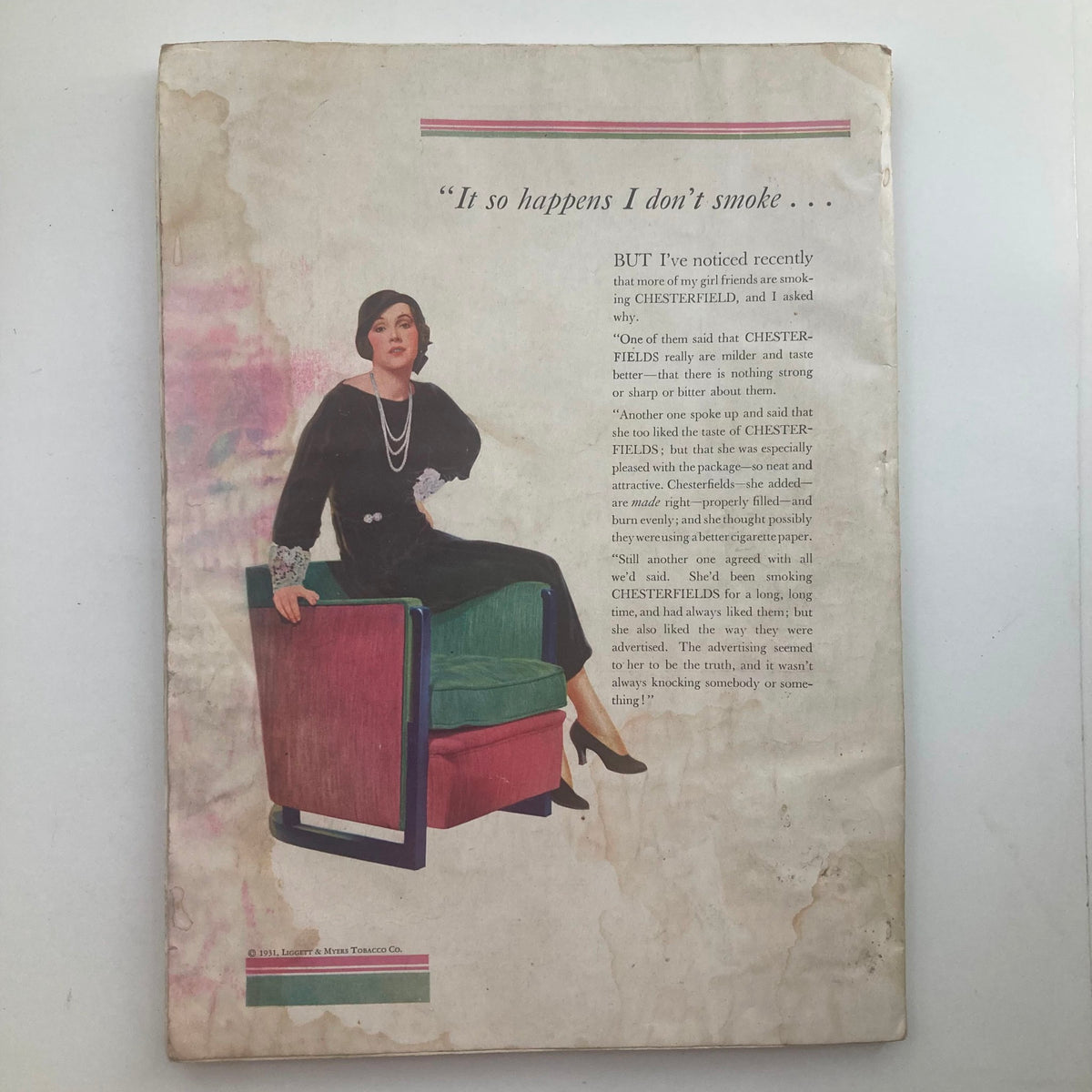 Back cover of VTG The American Magazine November 1931, Vol 112 No. 5, showcasing an advertisement with a woman in a chic outfit.