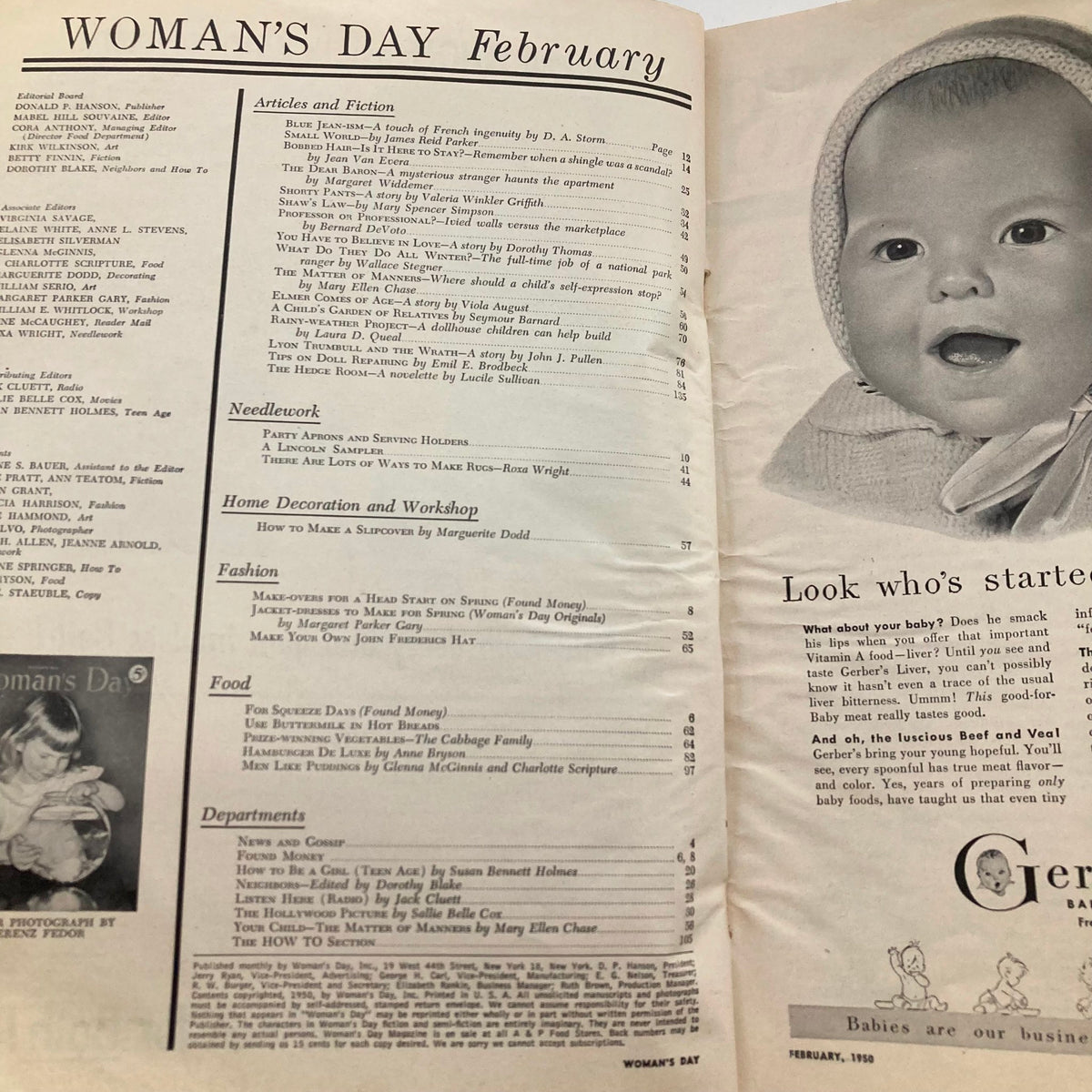 Inside page of VTG Woman's Day Magazine February 1950 displaying the table of contents, highlighting articles on various topics including fashion, home decoration, and doll repairing tips.