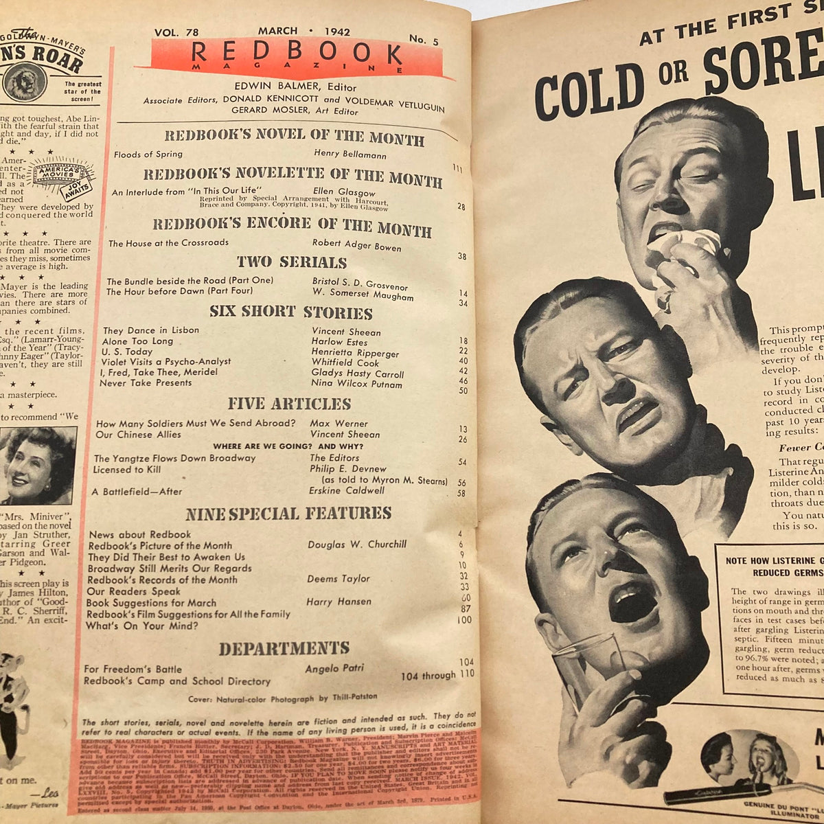 Interior view of VTG Redbook Magazine March 1942 Vol 78 No. 5, showcasing the table of contents and notable articles, reflecting historical literary themes of the era.
