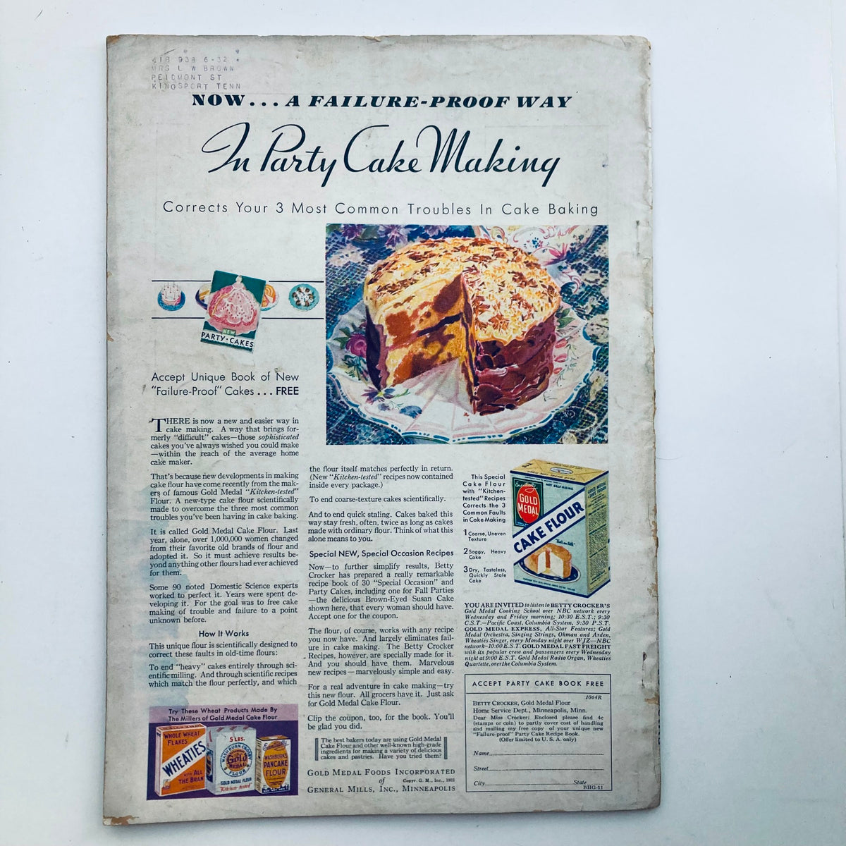 Back cover of VTG Better Homes & Gardens Magazine from November 1931 titled A Bit of Florida Loveliness featuring a vibrant cake illustration and baking tips.