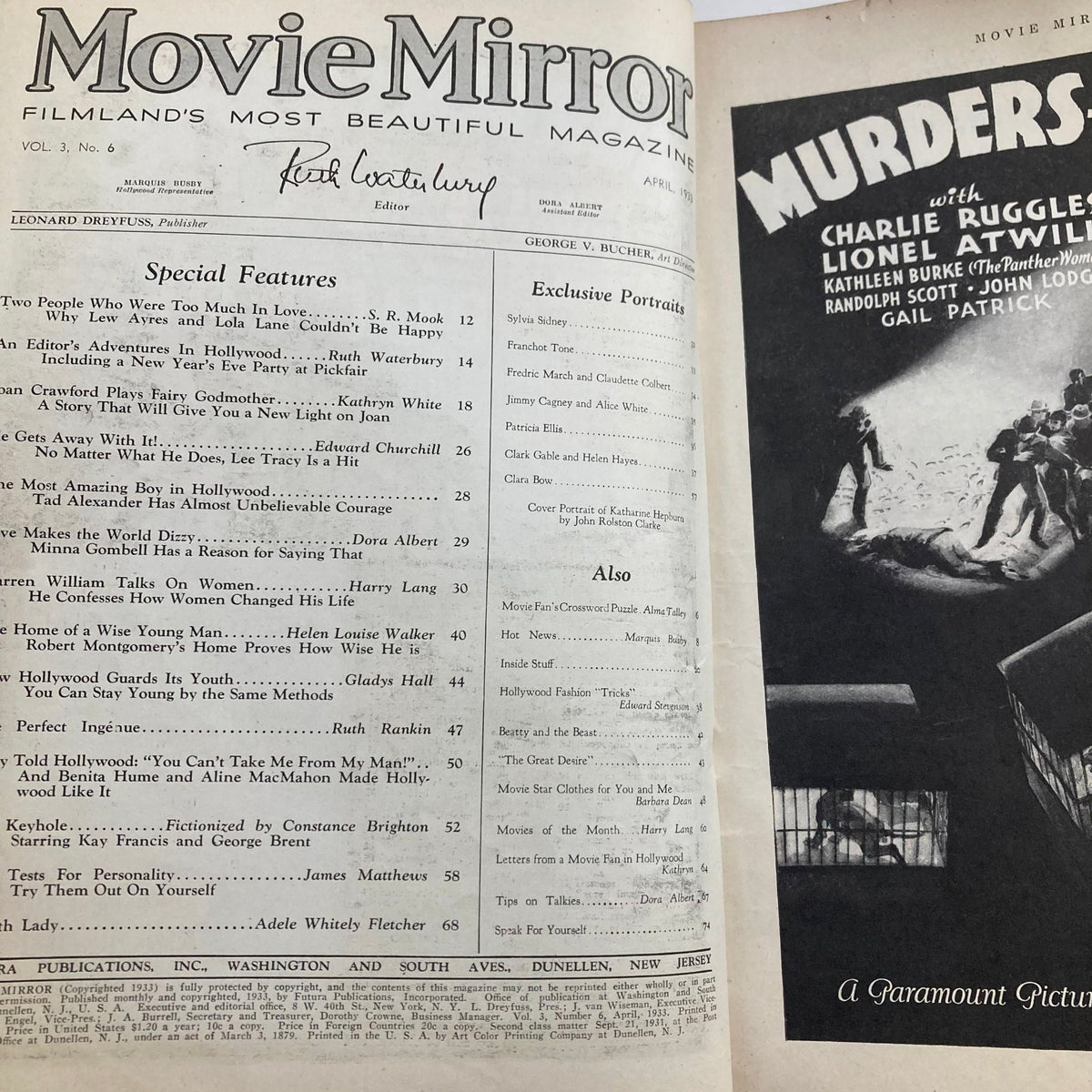 Inside page of VTG Movie Mirror Magazine April 1933 Vol 3 No. 6 showcasing special features and articles about Hollywood.