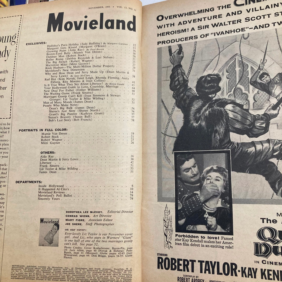 Inside page of VTG Movieland Magazine November 1955, displaying the magazine's contents and features with a focus on classic Hollywood stories.