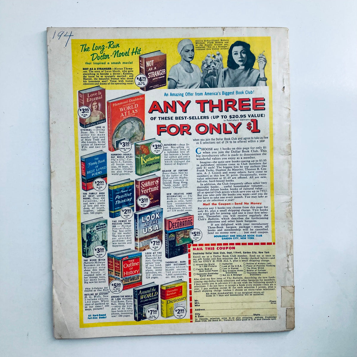 Back cover of VTG Movieland Magazine November 1955, featuring colorful advertisements and book offers, highlighting the era's marketing style.