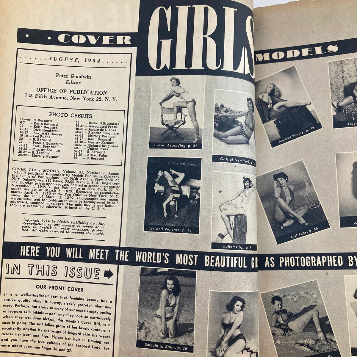 Inside spread of VTG Cover Girls Models Magazine August 1954, showcasing various models and photo credits.