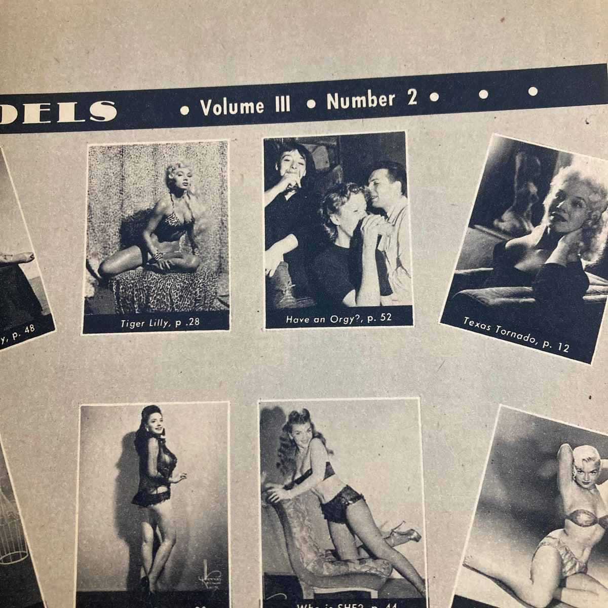 Second page of VTG Cover Girls Models Magazine August 1954, featuring model Tiger Lilly and content highlights.