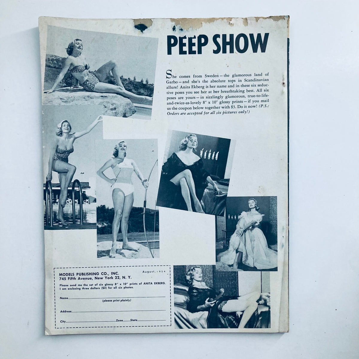 Back cover of VTG Cover Girls Models Magazine August 1954, featuring a collage of glamorous images and promotion for model Anita Ekberg.