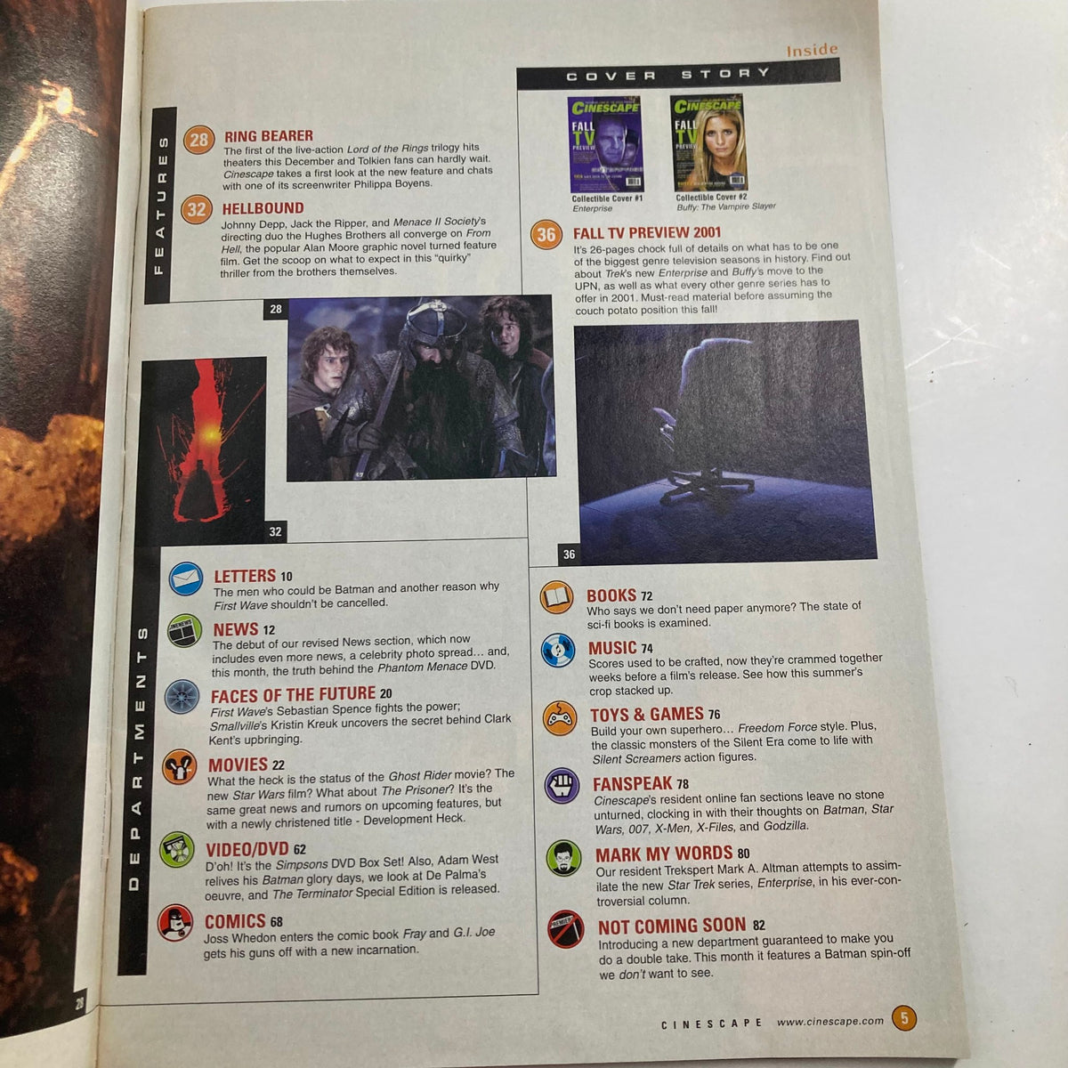 Inside page of Cinescape Magazine October 2001, including features on the Fall TV preview 2001, letters, and comics, related to popular culture and film, enhancing the magazine's insights into sci-fi and entertainment.