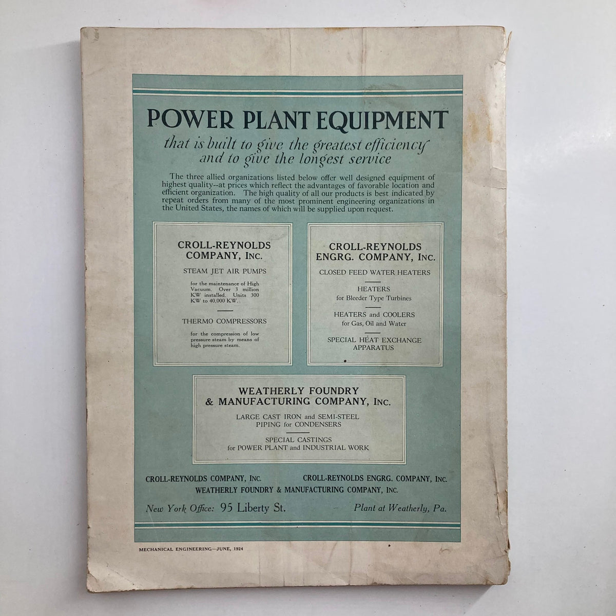 Back cover of VTG Mechanical Engineering Journal June 1924 showcasing advertisements for power plant equipment and a company overview.