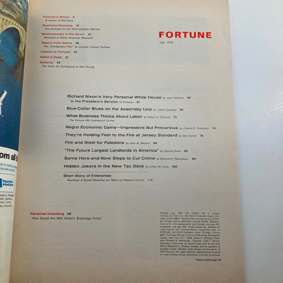 Table of contents page of VTG Fortune Magazine July 1970, listing articles including "Richard Nixon's Very Personal White House" and "Blue-Collar Blues on the Assembly Line."