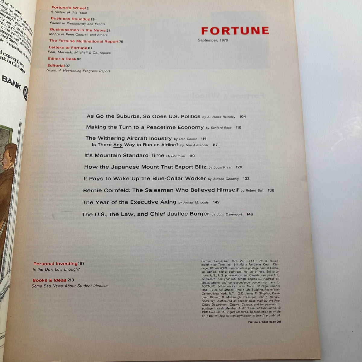 Table of contents page from VTG Fortune Magazine September 1970 detailing articles including 'Boomtime in the Rockies', reflecting on the socio-economic shifts of the 1970s.