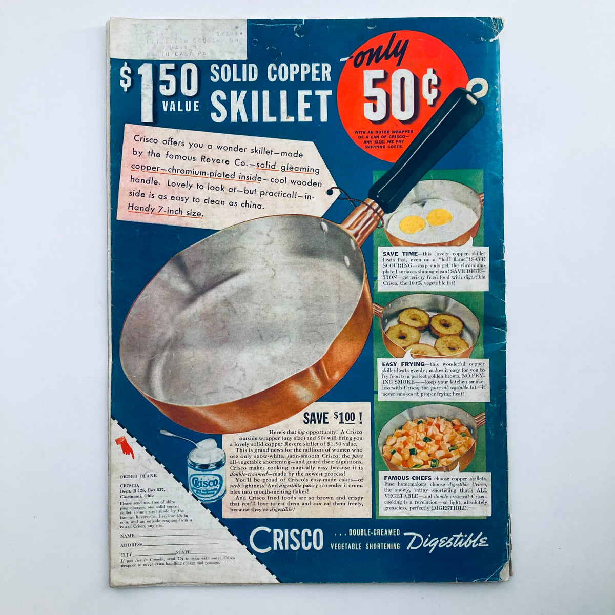 Advertisement for Crisco Solid Copper Skillet in VTG Better Homes & Gardens Magazine December 1936, highlighting its features and promotional price.