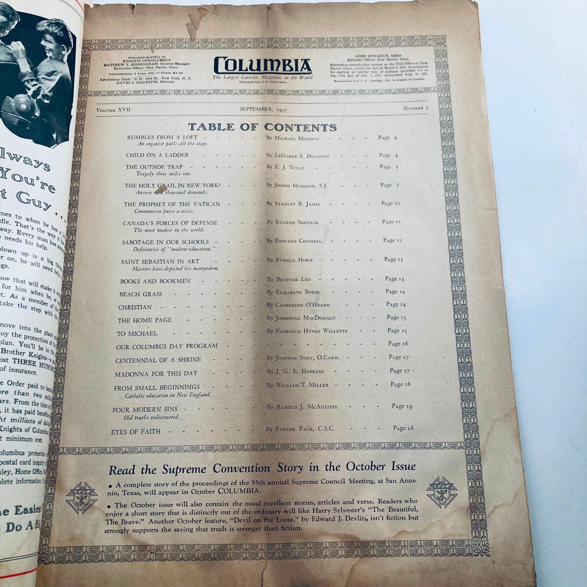 Inside page of VTG Columbia Magazine September 1937, displaying the table of contents, featuring article titles such as Rumbles From A Loft and others in vintage typography.