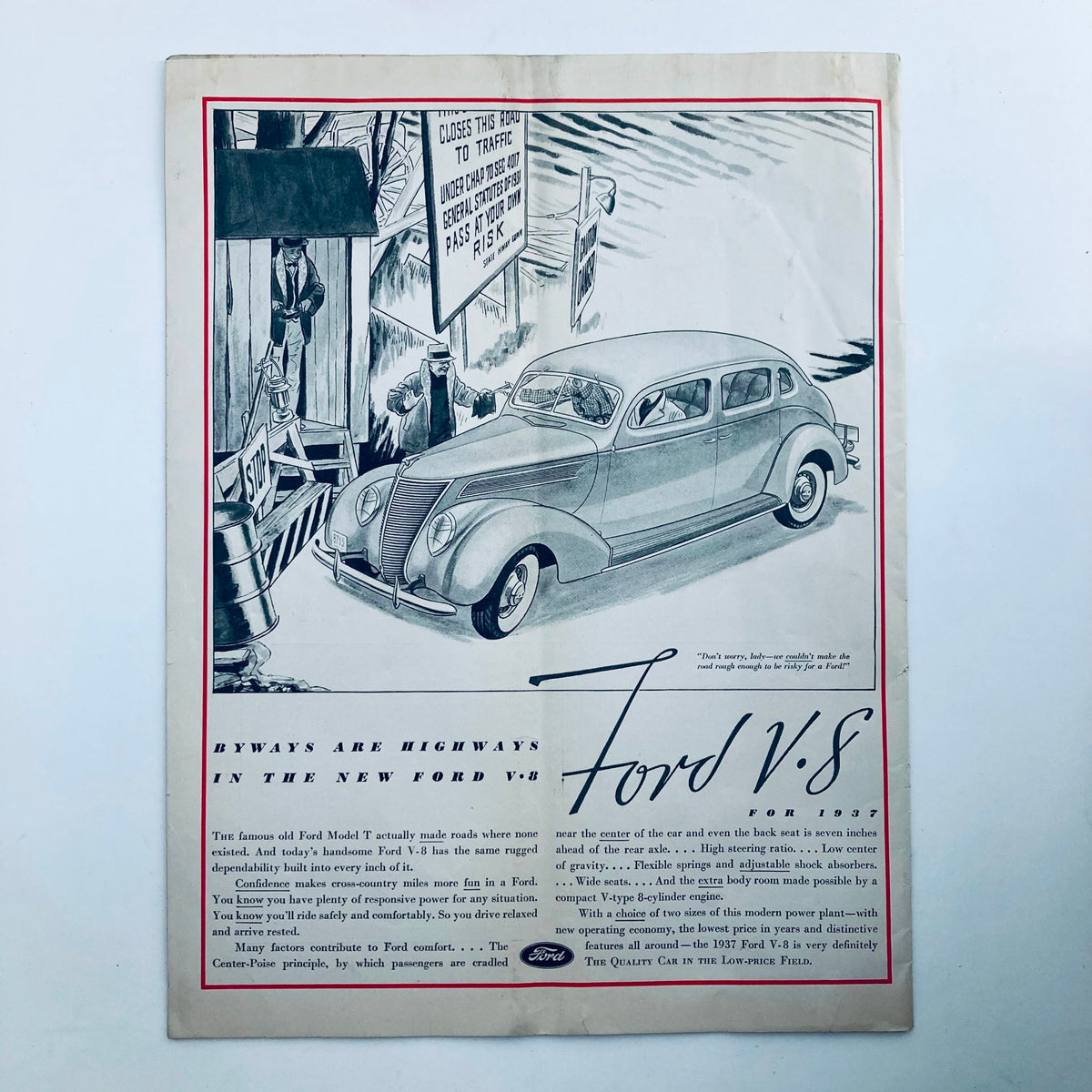 Ad page from VTG Columbia Magazine March 1937 showcasing the new Ford V-8 car with an illustration featuring a Ford vehicle and attention to features like comfort and driving safety.