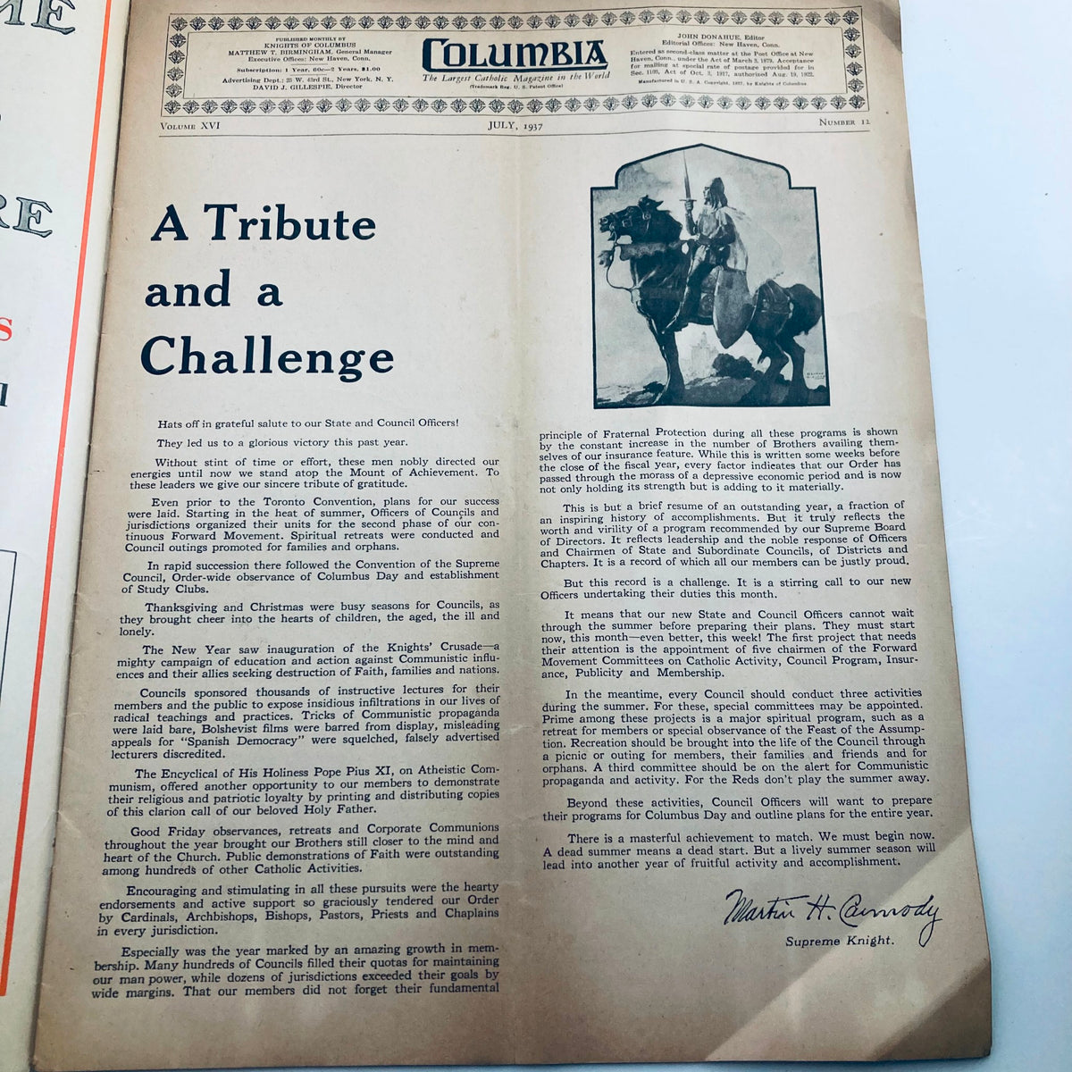 Interior page from VTG Columbia Magazine July 1937 titled 'A Tribute and a Challenge' that discusses Knights of Columbus council initiatives and community involvement.