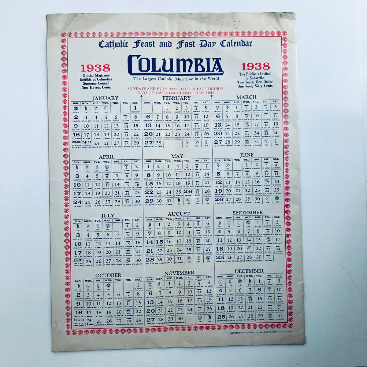 VTG Columbia Magazine December 1937 Vol 17 No. 6 A Christmas Greeting featuring a 1938 Catholic Feast and Fast Day Calendar from Columbia magazine with detailed monthly layouts and holiday markings.