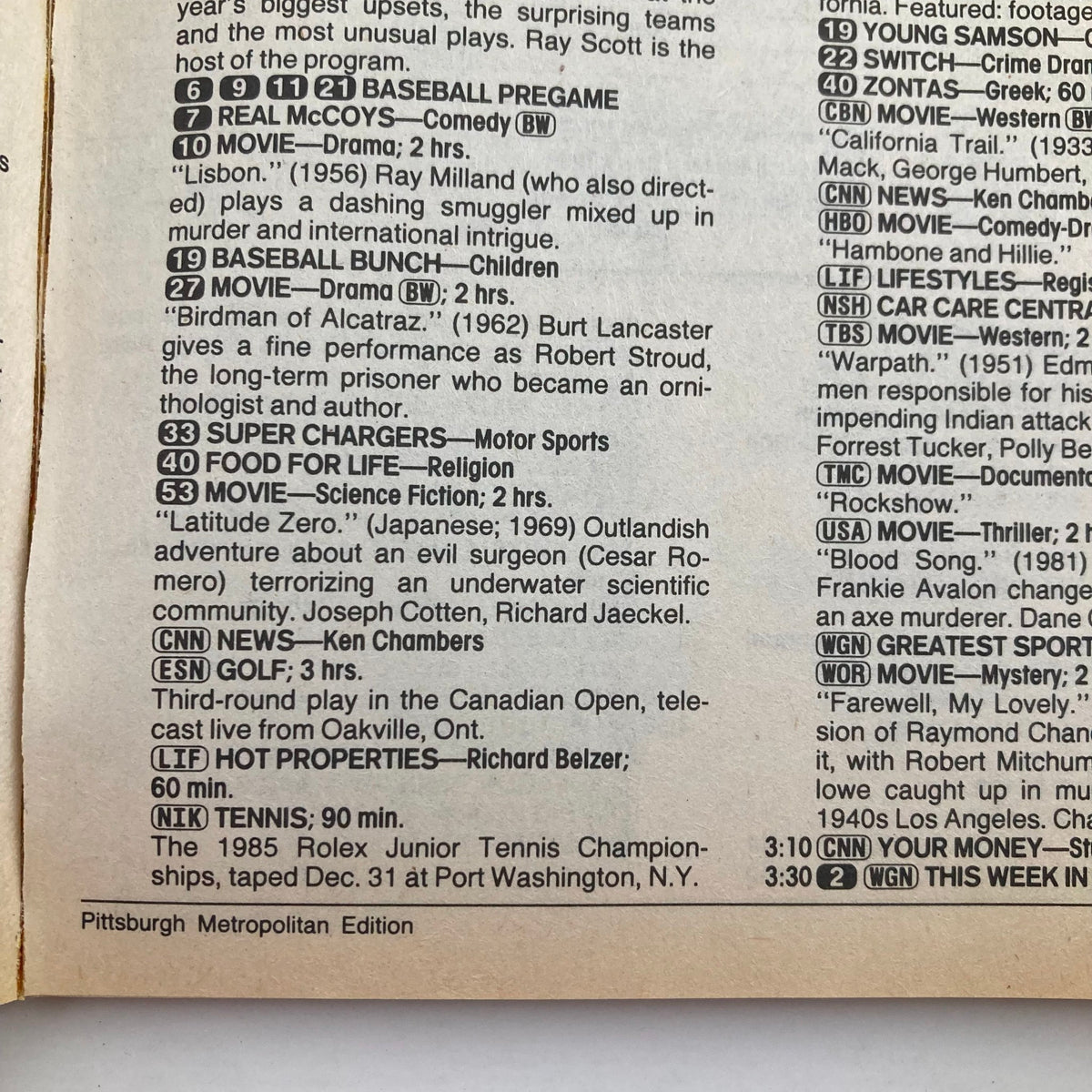 Inside page of TV Guide Magazine July 6 1985 displaying television program listings, including highlights like Baseball Pregame, Movies, and CNN News broadcasts.
