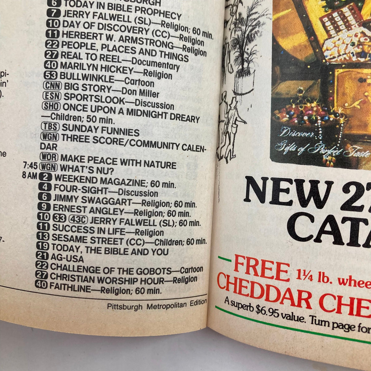 Inside page of TV Guide Magazine from September 7, 1985, listing programming and shows including Jerry Falwell and Sesame Street, showcasing television history for avid fans.