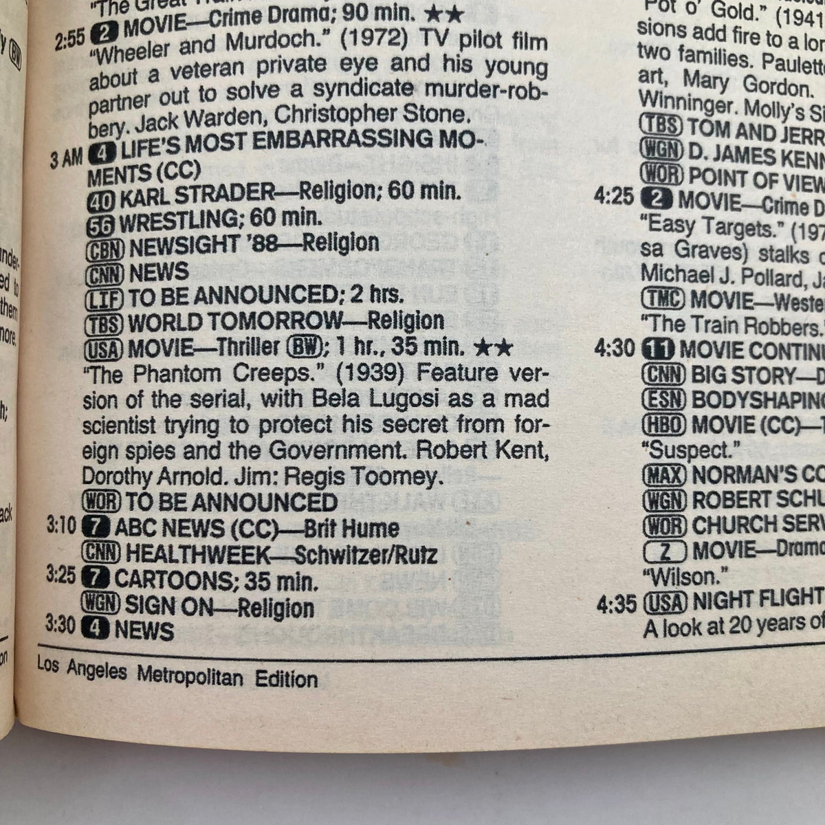 Inside page of TV Guide Magazine from November 12, 1988 detailing television programming schedule, including movies, news, and religious broadcasts.