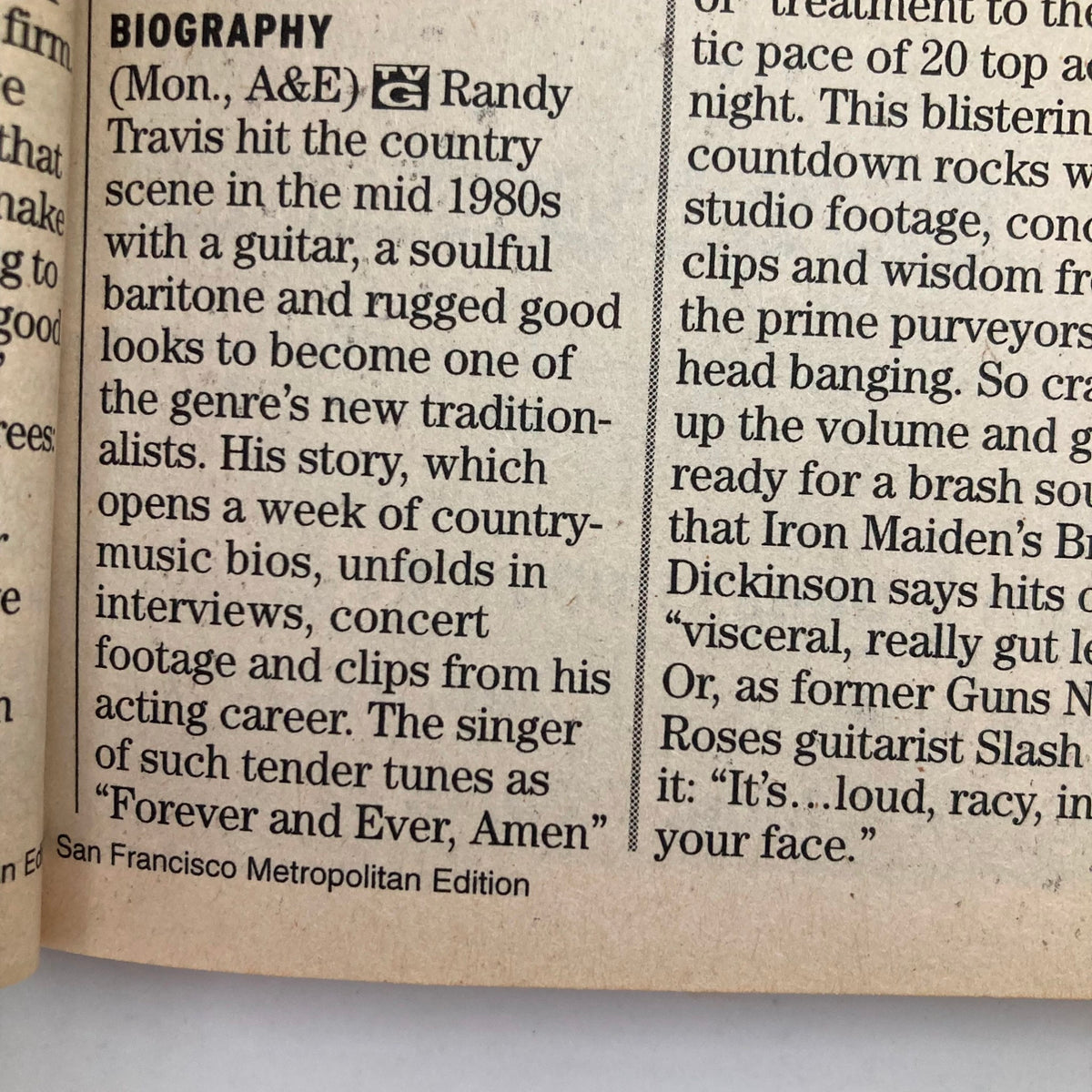 Article layout from TV Guide Magazine, November 11, 2000, featuring a biography section about Randy Travis, discussing his country music career and contributions, with a focus on his song 'Forever and Ever, Amen'.