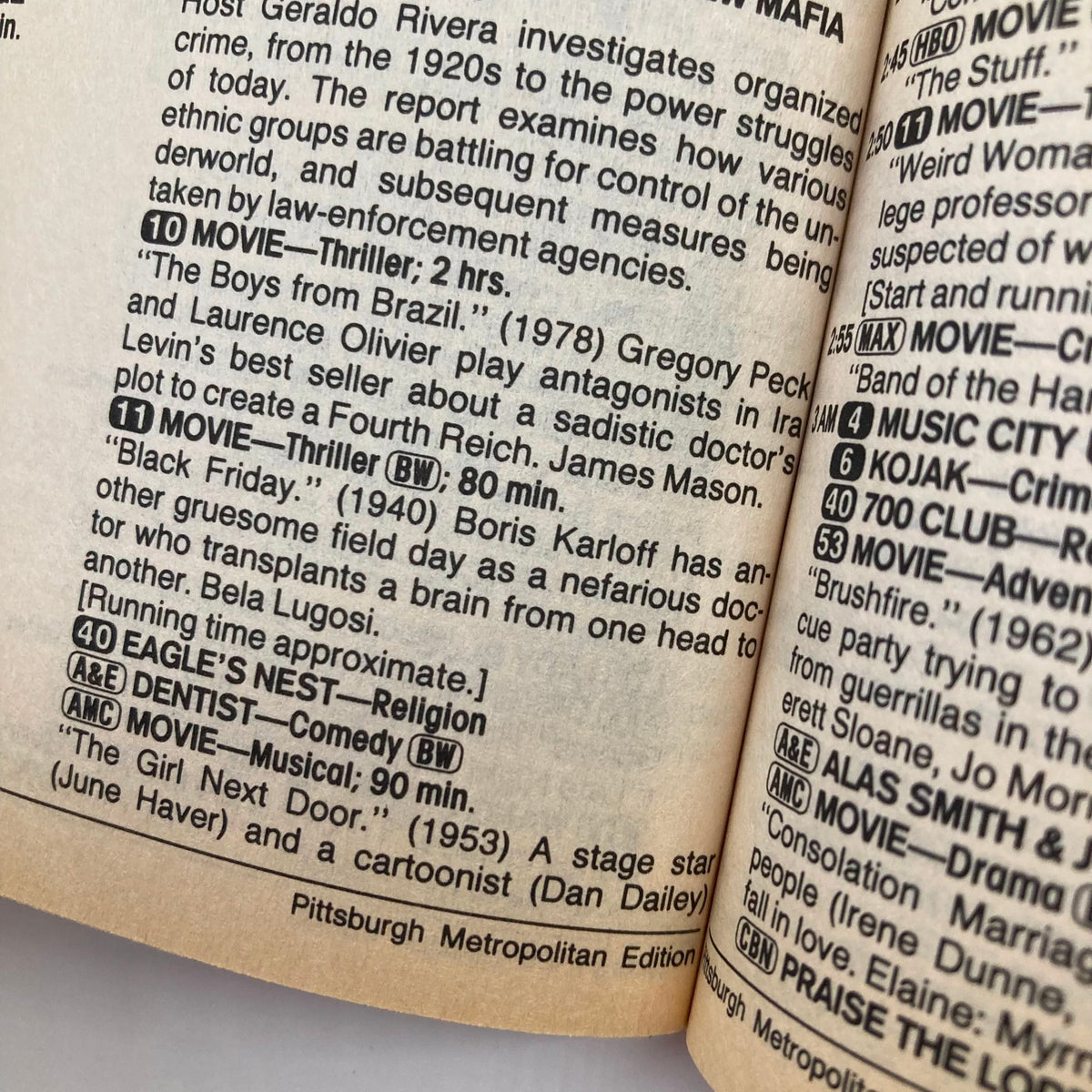 Inside pages of TV Guide Magazine August 22 1987 showcasing movie listings and scheduled programs, including titles like 'The Boys from Brazil' and 'Black Friday', from the Pittsburgh Metropolitan Edition.