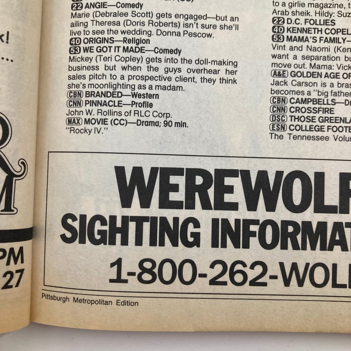 Inside page of TV Guide Magazine October 17 1987 featuring television program listings including 'Rocky IV' and other shows, from the Pittsburgh Metropolitan Edition.