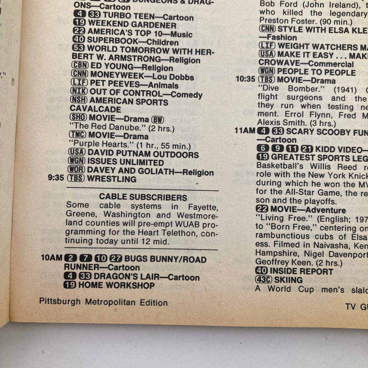 Interior page of TV Guide Magazine March 23 1985, Pittsburgh Metro Edition, displaying the programming schedule and features like cartoons, movies, and shows for that week's television lineup.