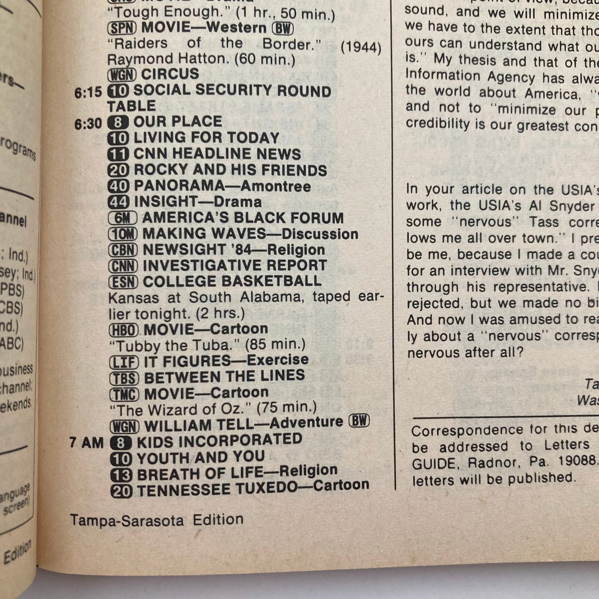 Inside page of TV Guide Magazine from January 12, 1985 showing the Tampa-Sarasota edition TV schedule, including programming details and listings for various shows.