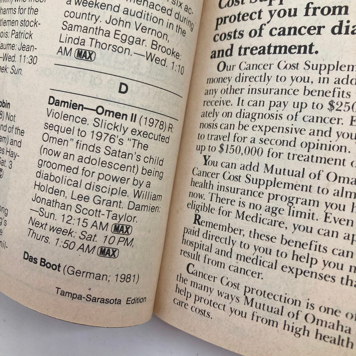 Inside page of TV Guide Magazine, August 24, 1985 featuring a TV listing for 'Damien Omen II' and 'Das Boot'. This edition highlights the vibrant television landscape of the 1980s, showcasing the cultural significance of shows during that era.