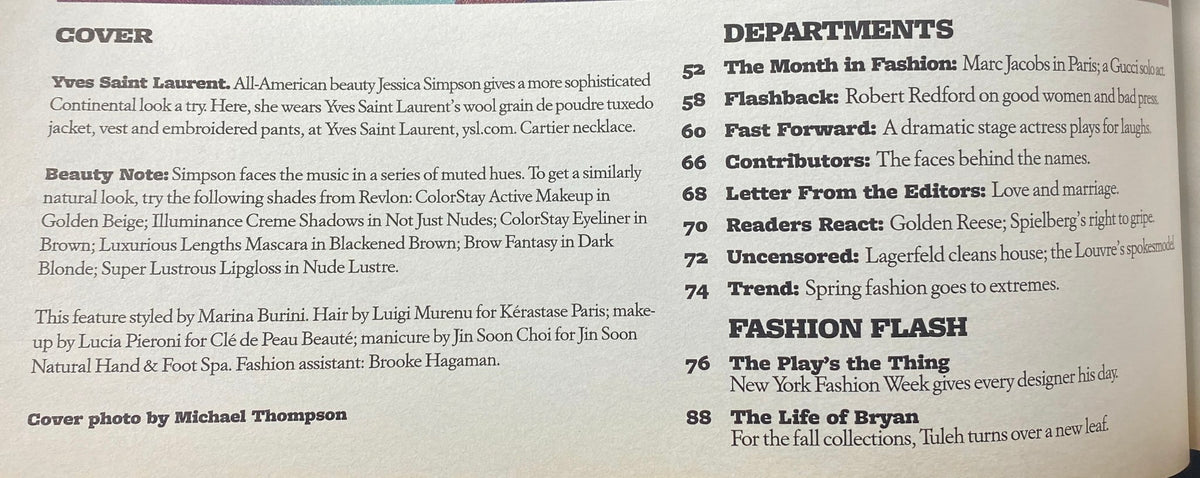 Inside page of W Magazine April 2006 detailing magazine departments including fashion highlights, beauty notes, and contributions, reflecting celebrity culture and style.