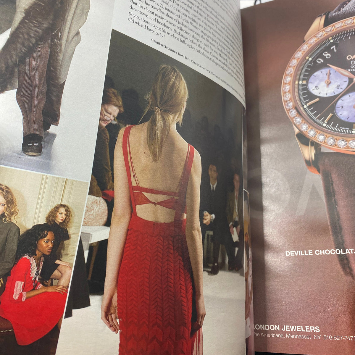 W Magazine April 2006 featuring a back view of a model wearing a red dress with a stylish crisscross pattern, showcasing fashion trends and Marc Jacobs influence.