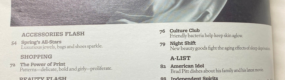 Interior page from W Magazine February 2009 showcasing sections like Accessories Flash and Shopping, highlighting content related to celebrity culture.
