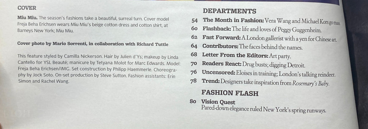 Interior page of W Magazine November 2006 featuring the cover story with model Freja Beha Erichsen and designer Miu Miu. This page includes articles and indexes relevant to the fashion industry.